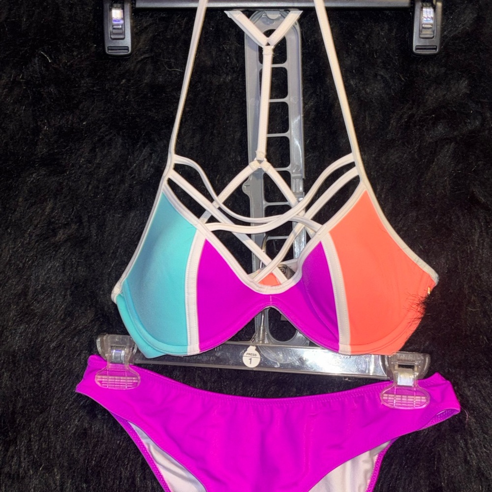 Victoria's Secret Blue and Purple Bikini Set with Strappy Design